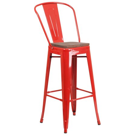 Flash Furniture Red Metal Barstool with Back and Wood Seat, 30" High 4-CH-31320-30GB-RED-WD-GG