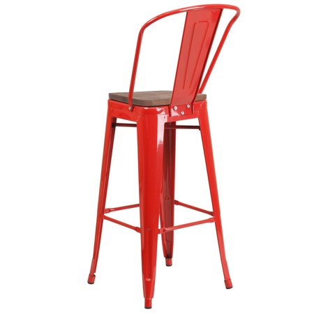 Flash Furniture Red Metal Barstool with Back and Wood Seat, 30" High 4-CH-31320-30GB-RED-WD-GG
