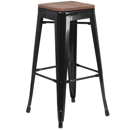 Flash Furniture Backless Black Metal Barstool with Square Wood Seat, 30" High 4-CH-31320-30-BK-WD-GG