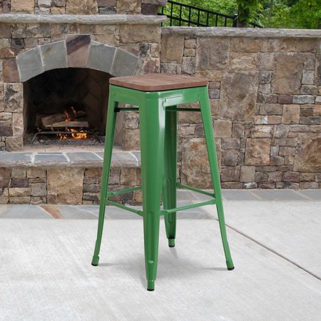 FLASH FURNITURE Backless Green Metal Barstool with Square Wood Seat, 30" High 4-CH-31320-30-GN-WD-GG