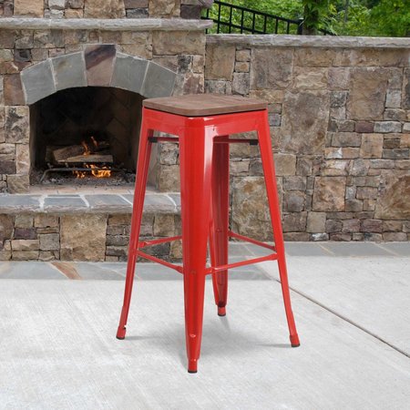 FLASH FURNITURE Backless Red Metal Barstool with Square Wood Seat, 30" High 4-CH-31320-30-RED-WD-GG