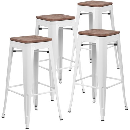 Flash Furniture Backless White Metal Barstool with Square Wood Seat, 30" High 4-CH-31320-30-WH-WD-GG