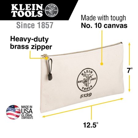 Klein Tools Flat Zippered Tool Bags, Natural, Canvas, 0 Pockets 5139