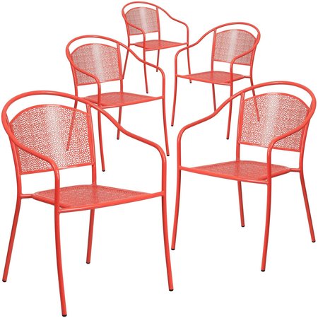 Flash Furniture 5 Pack Coral Steel Patio Arm Chair with Round Back 5-CO-3-RED-GG