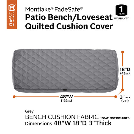 Classic Accessories Montlake Quilted Cushion Slipcover, Grey, 48"x18"x3" 60-448-011001-RT