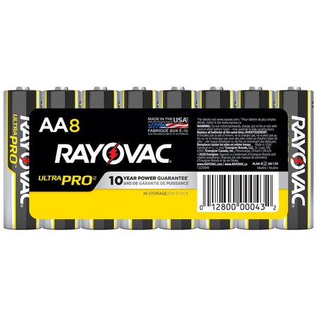 Rayovac UltraPro AA Alkaline Battery, 1.5V DC, 8 Pack ALAA8