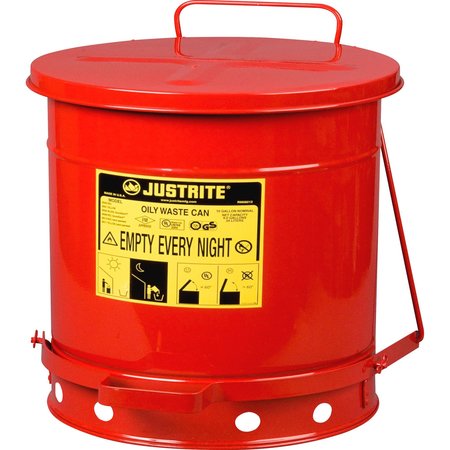 Justrite Oily Waste Can, 10 Gallon Capacity, Galvanized Steel, Red, Foot Operated Self Closing 09300