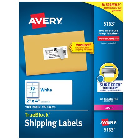 AVERY TrueBlock Shipping Labels, Sure, PK1000 5163