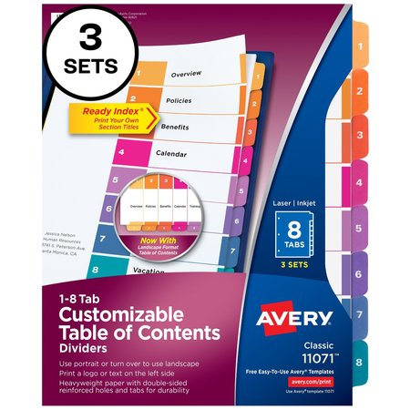 AVERY Ready Index 8 Tab Binder Dividers, PK3 11071