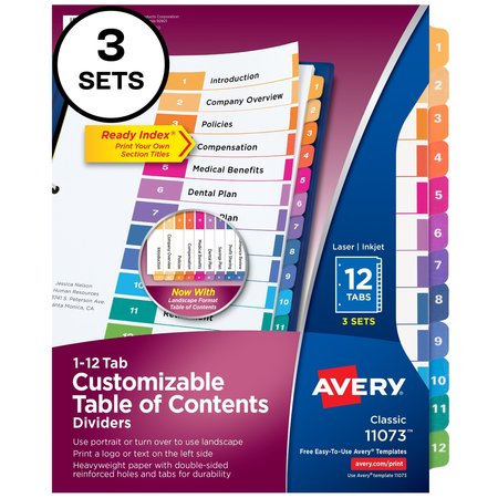 AVERY Ready Index 12 Tab Binder Dividers, PK3 11073