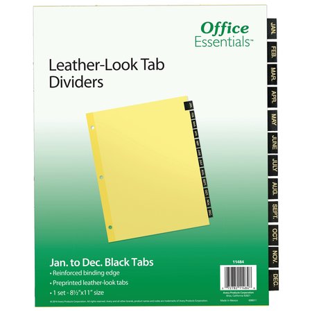 OFFICE ESSENTIALS Black Leather Preprinted Tab Dividers 11484
