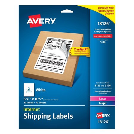 AVERY Internet Shipping Labels, TrueBloc, PK20 18126