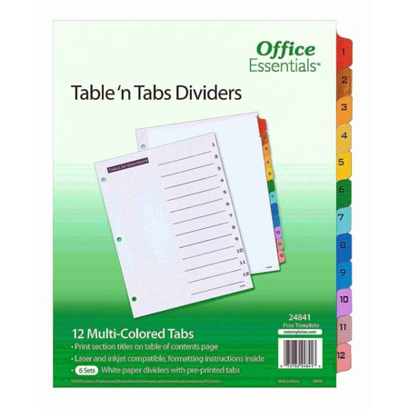 OFFICE ESSENTIALS Table n Tabs Dividers, 1-12 Multic, PK6 24841