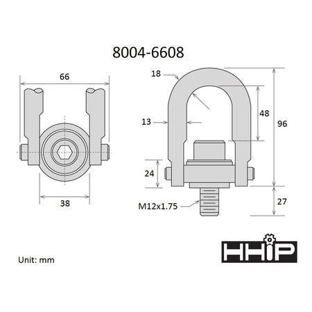 Hhip 1050 kg Standard U-Bar Hoist Ring With M12 X 1.75 Thread 8004-6608