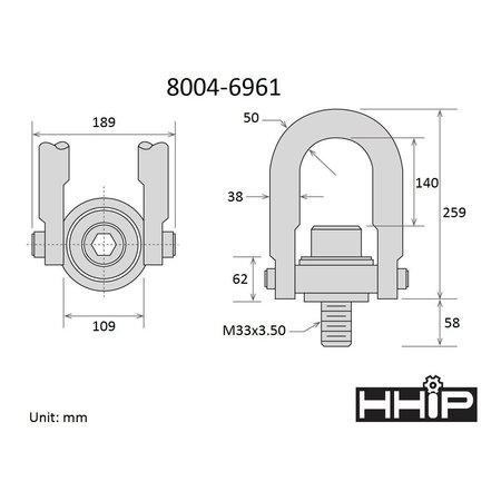 Hhip 10000 kg Standard U-Bar Hoist Ring With M33 X 3.50 Thread 8004-6961