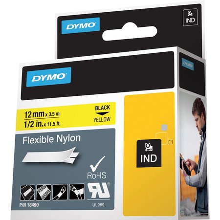 Dymo Label Tape Cartridge, Black/Yellow, Labels/Roll: Continuous 18490