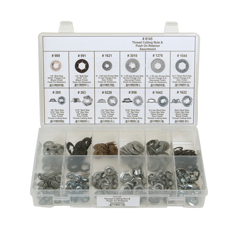 Zoro Select Zinc Plated & Black Finish Thread Cutting Push On Nut Assortment, 245 pc. 8145