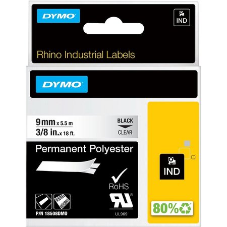 Dymo Label Tape Cartridge, Black/Clear, Labels/Roll: Continuous 18508DMO