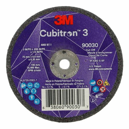 3M CUBITRON Abrasive Cut-Off Wheel, 1/4 in Connector 90030