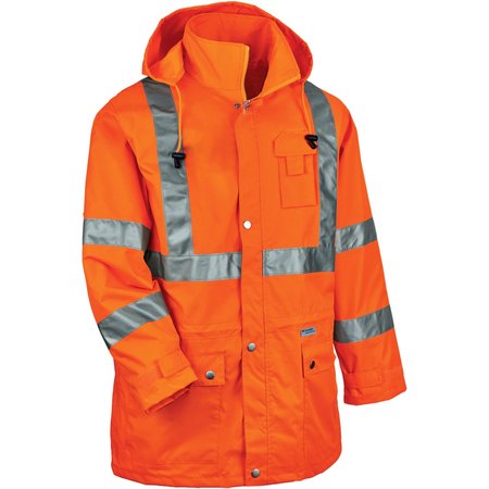 Glowear By Ergodyne Rain Jacket w/Hood, Hi-Vis Orange, L 8365