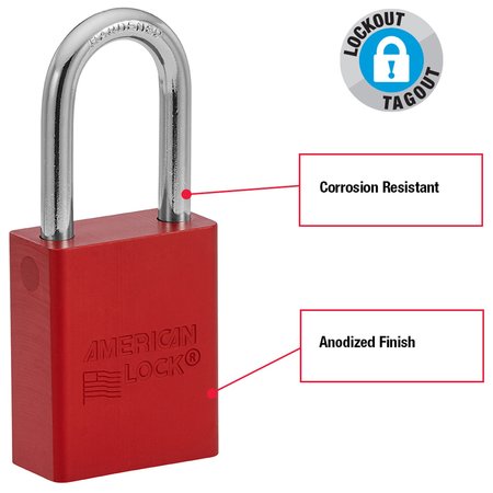 American Lock Lockout Padlock, Keyed Different, Anodized Aluminum, 1 1/2 in Shackle, Includes 2 Keys, Red A1106RED