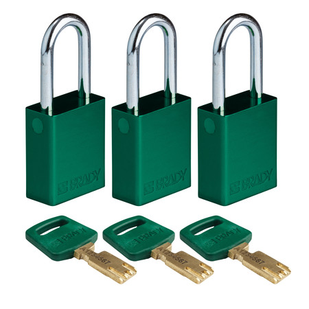 BRADY SAFEKEY Lockout Padlock Aluminum Green 1.5" ALU-GRN-38ST-KA3PK