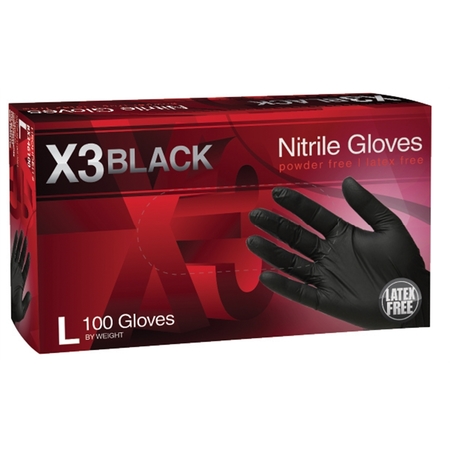 Ammex X3, Nitrile Disposable Gloves, 3 mil Palm, Nitrile, Powder-Free, L, Black AMXBX346100