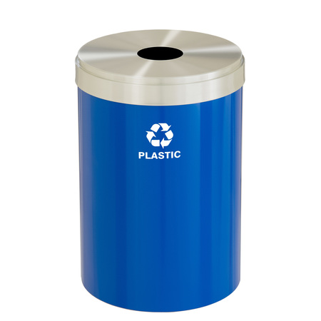 GLARO 33 gal Round Recycling Bin, Blue/Satin Aluminum B-2032BL-SA-B7