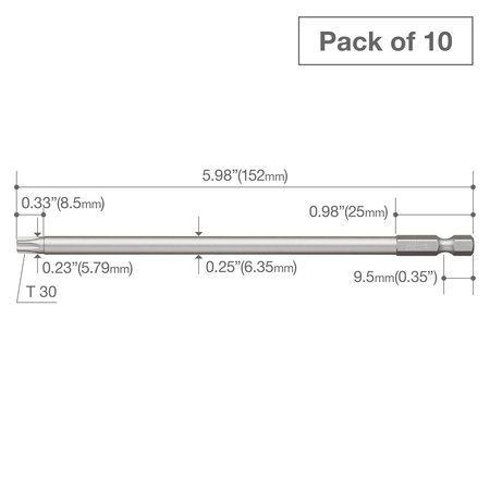 Vessel Power Bit 1/4" Hex B, T30x152H, PK10 B35T30152H