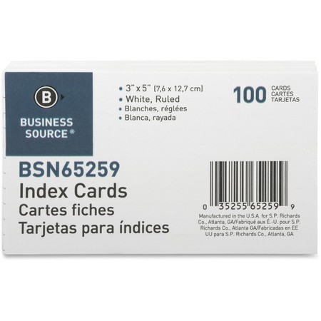 Business Source Index Card, Ruled, 3"X5", White, PK100 65259