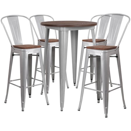 FLASH FURNITURE Round Silver Metal Bar Table Set with Wo CH-WD-TBCH-11-GG