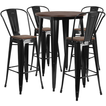 FLASH FURNITURE Round Black Metal Bar Table Set with Woo, 30" W, 30" L, 42" H, Wood Top, Wood Grain CH-WD-TBCH-25-GG