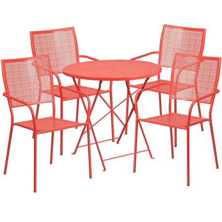 Flash Furniture 30" Round Coral Steel Folding Table w/ 4 Chairs CO-30RDF-02CHR4-RED-GG