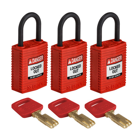 BRADY SAFEKEY Lockout Padlock Nylon Red 1.0" Plas CPT-RED-25PL-KA3PK