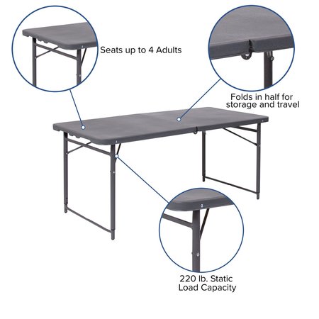 Flash Furniture Rectangle Folding Table, 23.5" W, 48.25" L, 29.5" H, Plastic Top, Grey DAD-LF-122Z-DG-GG
