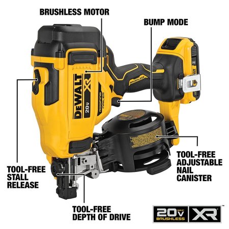 Dewalt 20V MAX* 15 degree Cordless Coil Roofing Nailer Kit DCN45RND1