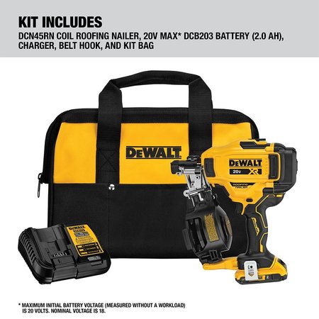 Dewalt 20V MAX* 15 degree Cordless Coil Roofing Nailer Kit DCN45RND1