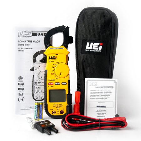 Uei Test Instruments Clamp Meter, Backlit LCD, 600 A, 1.3 in (33 mm) Jaw Capacity, Cat IV 600V Safety Rating DL479