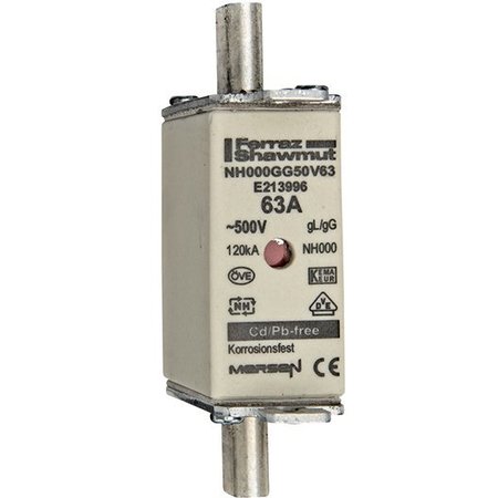 MERSEN IEC NH Fuse Link, E21 Series, 63A, gG, 500V AC, Square E213996