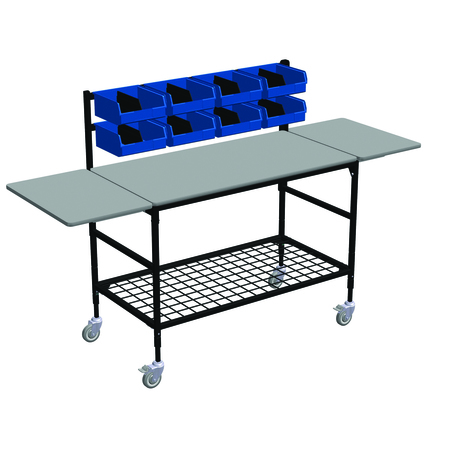 IRSG Lg Mobile Table w/Drp Lves, 2 Row Bin Rack, 8 Bins, Mid & Btm Grid Shlf ERGO-50-K7