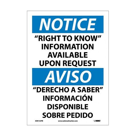 NMC Notice Right To Know Sign - Bilingual, 14 in Height, 10 in Width, Pressure Sensitive Vinyl ESN153PB