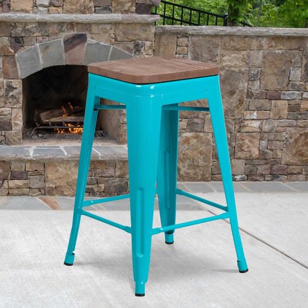 FLASH FURNITURE No Back Metal Stool, 24", Teal ET-BT3503-24-CB-WD-GG