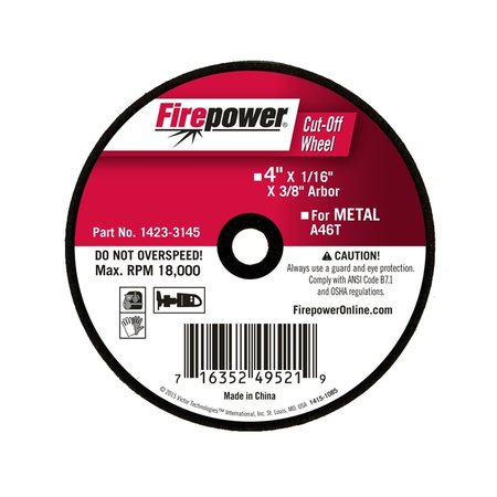 FIREPOWER Cut-Off Abrasive Wheels, Type 1 (For Metal), 4"X1/16"X3/8" FPW1423-3145