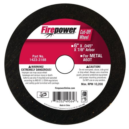 FIREPOWER Type 1 Cut Off Abrasive Wheels, 6"X.045"X7/8" FPW1423-3188