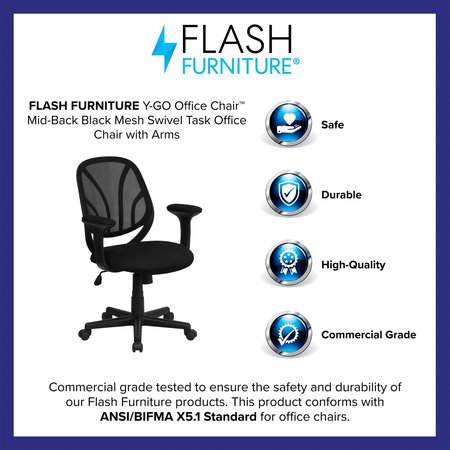 Flash Furniture Mesh Task Chair, 17" to 20-3/4", Fixed Arms, Black GO-WY-05-A-GG