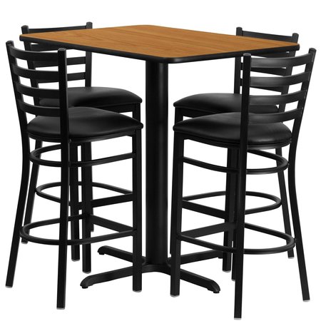Flash Furniture Nat Bar Table, Rectngl w/X-Base, Blk Seats, 24" W, 42" L, 42" H, Laminate Top, Wood Grain HDBF1019-GG
