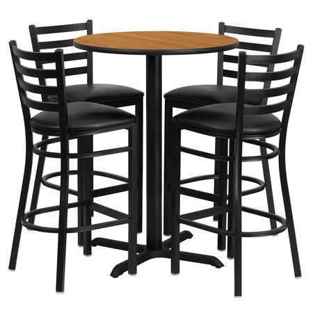 Flash Furniture Natural Bar Table, X-Base w/Black Seats, 30" W, 30" L, 42" H, Laminate Top, Wood Grain HDBF1023-GG