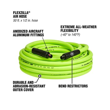 Flexzilla Air Hose, 1/2" x 50, 3/8" MNPT Fittings HFZ1250YW3