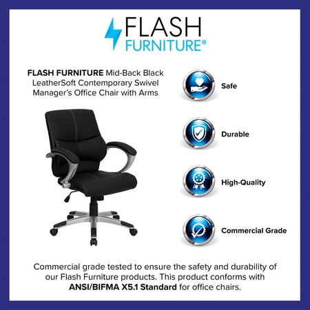 Flash Furniture Contemporary Chair, Leather, 18-3/4" to 22-1/4" Height, Fixed Arms, Black H-9637L-2-MID-GG