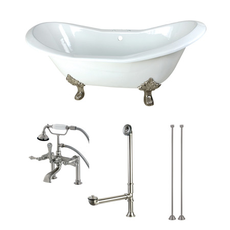 KINGSTON BRASS KCT7D7231C8 72" Cast Iron Clawfoot Tub w, 72.0625" L, 30.875" W, White/Brushed Nickel KCT7D7231C8